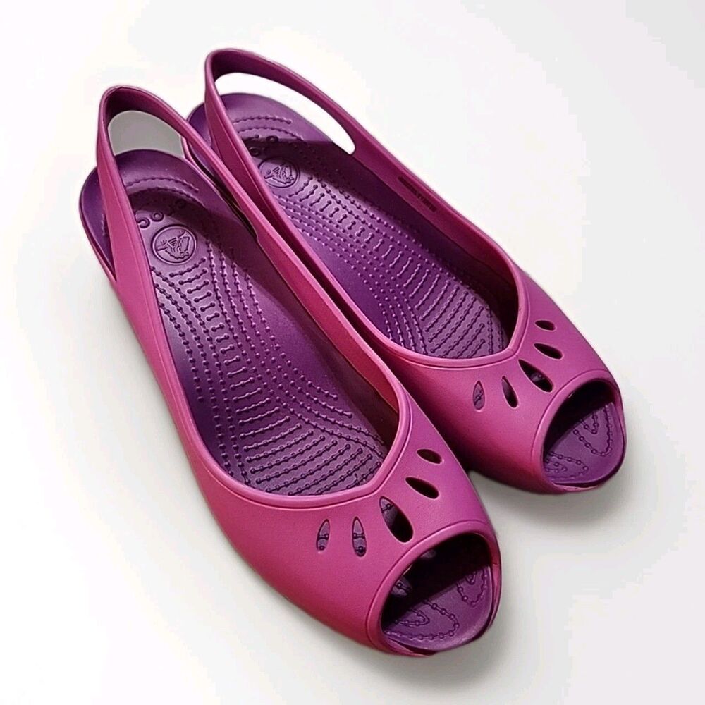 Crocs Womens Mabyn Slingback Mini Wedge Peep Toe Sandals Wild Orchid Size 10